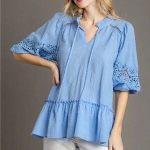 NWT UMGEE Bohemian Blue Tie Crochet Puff Sleeve Top S M L